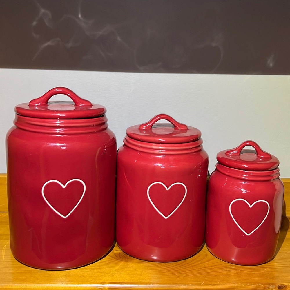 Rae Dunn RED heart canisters